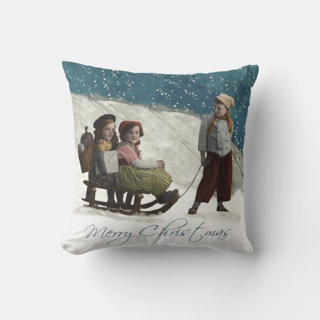 Vintage Children Sledding Christmas Winter Throw Pillow (Front)