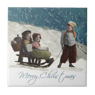 Vintage Children Sledding Christmas Winter Tile