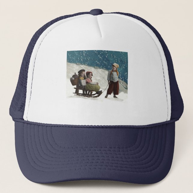 Vintage Children Sledding Christmas Winter Trucker Hat (Front)