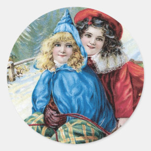 Vintage Children Sleding Classic Round Sticker