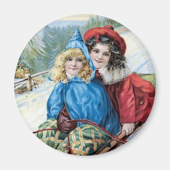 Vintage Children Sleding Magnet (Front)