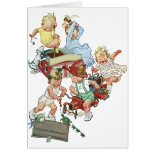 Vintage Children Toddlers Playing with Fire Trucks