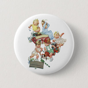 Vintage Children Toddlers Playing with Fire Trucks 2 Inch Round Button