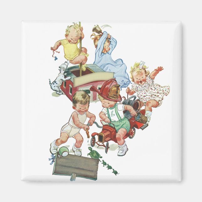 Vintage Children Toddlers Playing with Fire Trucks Magnet (Front)