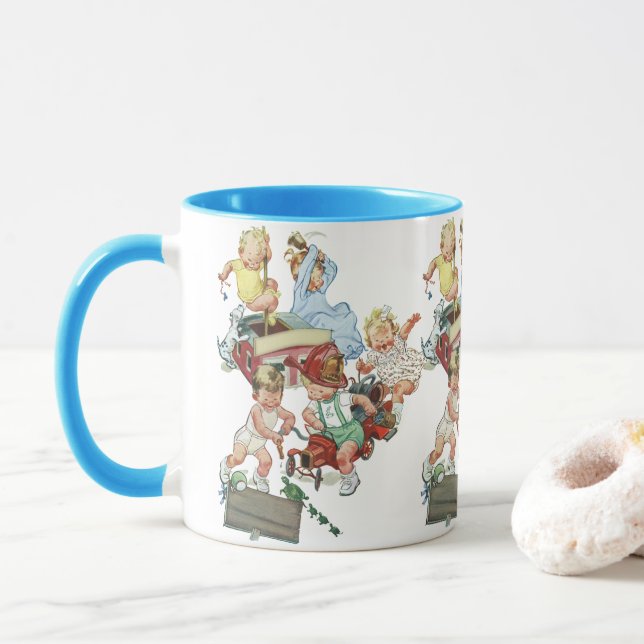 Vintage Children Toddlers Playing with Fire Trucks Mug (With Donut)