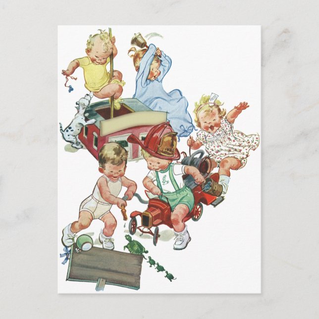 Vintage Children Toddlers Playing with Fire Trucks Postcard (Front)