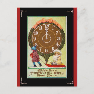 Vintage Children Under a Clock Happy New Year Postcard