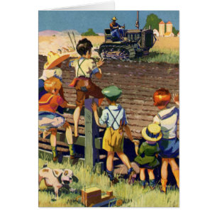 Vintage Children Waving to Local Farmer on Tractor