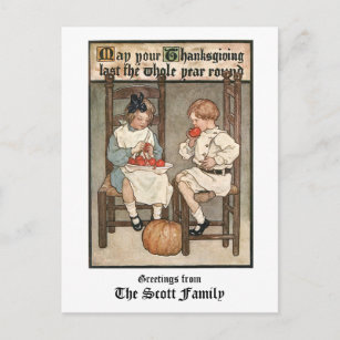 Vintage Children with Thanksgiving Greeting Holiday Postcard