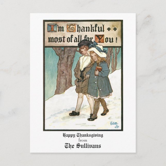 Vintage Children with Thanksgiving Greeting Holiday Postcard (Front)