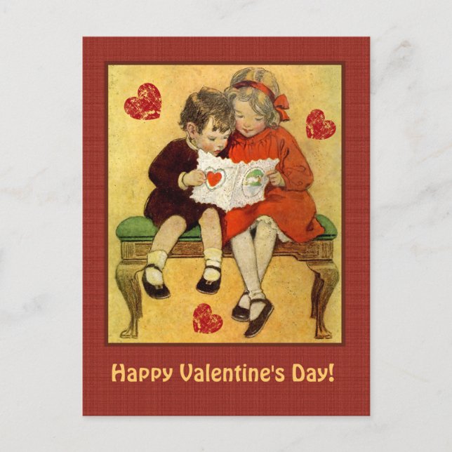 Vintage Children with Valentine and Hearts Holiday Postcard (Front)