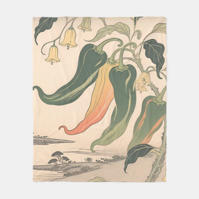 Vintage Chili Pepper Illustration Fleece Blanket (Front)