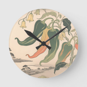 Vintage Chili Pepper Illustration Round Clock
