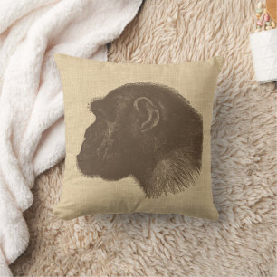Vintage Chimpanzee Illustration on Burlap  Throw Pillow