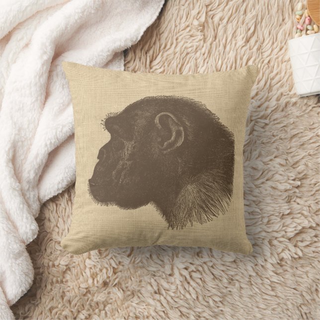 Vintage Chimpanzee Illustration on Burlap  Throw Pillow (Blanket)