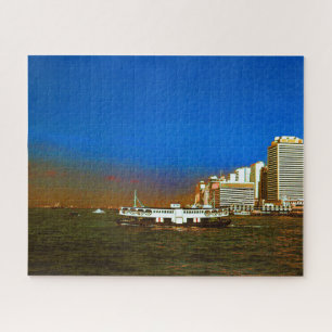 Vintage China Hong Kong boat skyscraper sea Jigsaw Puzzle