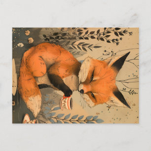Vintage Chinese art cute fox with tea ceremony Postcard