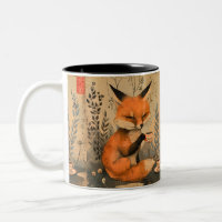 Vintage Chinese art cute fox with tea ceremony