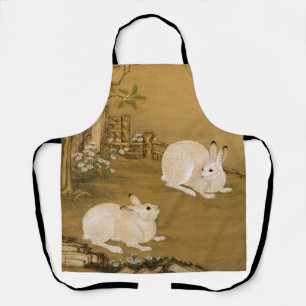 Vintage Chinese Art Two White Rabbits Painting Apron
