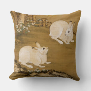 Vintage Chinese Art Two White Rabbits Painting Throw Pillow