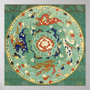 Vintage Chinese Blue Green Land Sea Air Horses Poster
