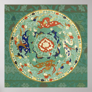 Vintage Chinese Blue Green Land Sea Air Horses Poster