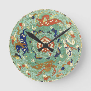 Vintage Chinese Blue Green Land Sea Air Horses Round Clock