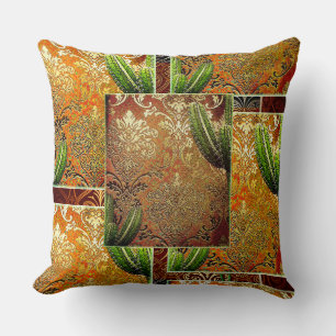 Vintage Chinese Cactus & Geometric Motif Throw Pillow