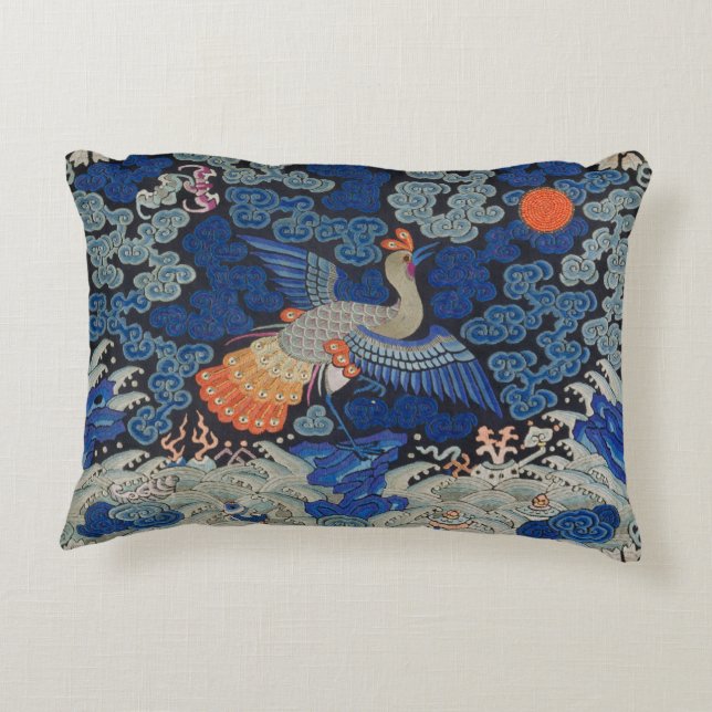 Vintage Chinese Crane Pattern: Imperial Blue Accent Pillow (Back)