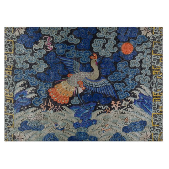 Vintage Chinese Crane Pattern: Imperial Blue Cutting Board (Front)