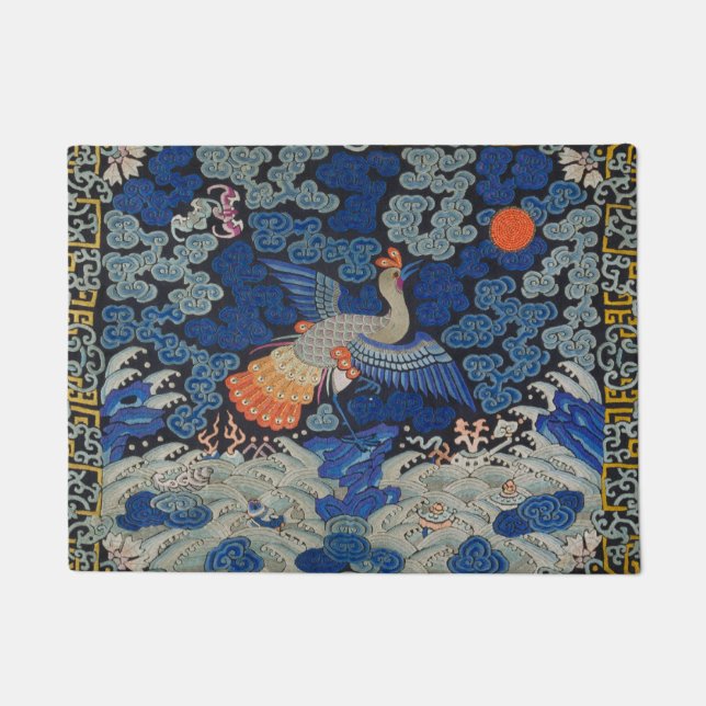 Vintage Chinese Crane Pattern: Imperial Blue Doormat (Front)