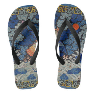 Vintage Chinese Crane Pattern: Imperial Blue Flip Flops