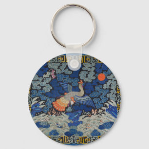 Vintage Chinese Crane Pattern: Imperial Blue Keychain