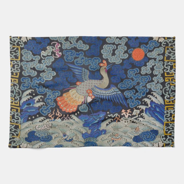 Vintage Chinese Crane Pattern: Imperial Blue Kitchen Towel (Horizontal)