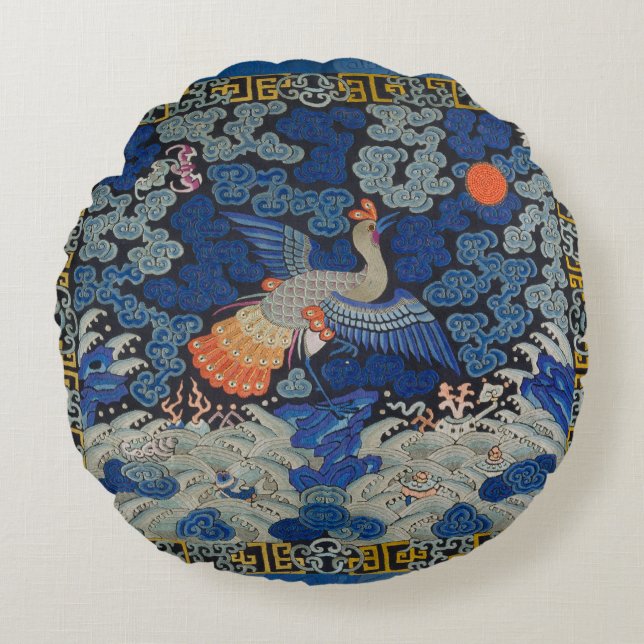 Vintage Chinese Crane Pattern: Imperial Blue Round Pillow (Front)