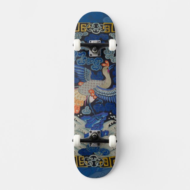 Vintage Chinese Crane Pattern: Imperial Blue Skateboard (Front)