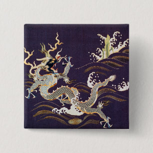 Vintage Chinese Dragon at Sea 2 Inch Square Button