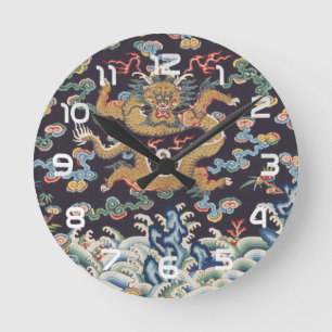 Vintage Chinese Dragon Oriental Silk Pattern Round Clock