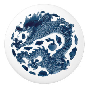 Vintage Chinese Dragon Print Blue White Ceramic Knob