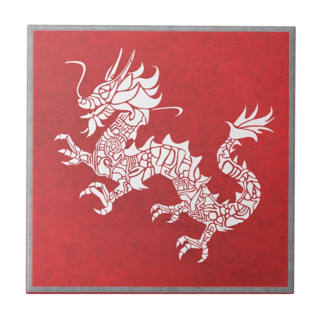 Vintage Chinese Dragon Tribal Emblem Red Tile (Front)
