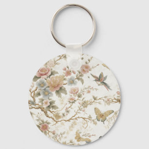 Vintage Chinese Floral Pattern with Hummingbird Keychain