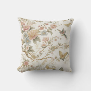Vintage Chinese Floral Pattern with Hummingbird Throw Pillow