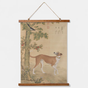 Vintage Chinese Greyhound Dog & Bird Art Hanging Tapestry