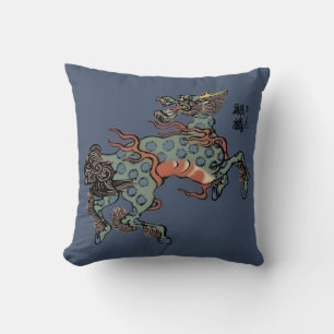 Vintage Chinese Qilin on Blue Jeans Blue Throw Pillow
