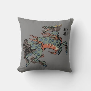 Vintage Chinese Qilin on Medium Grey Throw Pillow