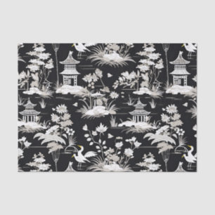 Vintage Chinoiserie Asian Pagoda Bird Black White  Tissue Paper