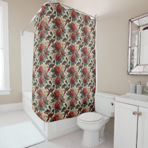 Vintage Chinoiserie Birds and Red Peony Flowers