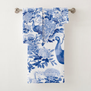 Vintage Chinoiserie Bleu Blanc Floral Peacocks