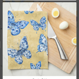 Vintage Chinoiserie Blue Butterflies Faded Damask Kitchen Towel