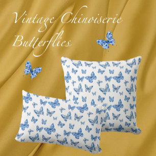 Vintage Chinoiserie Blue Butterflies Faded Damask  Throw Pillow
